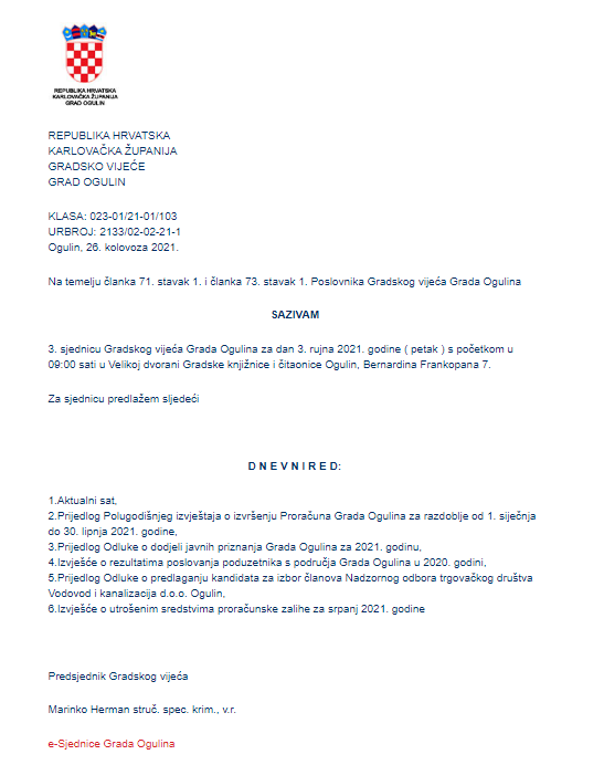 Gradskog vijeća Grada Ogulina