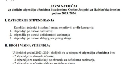 Općina Josipdol objavila javni natječaj za dodjelu stipendija učenicima i studentima za školsku/akademsku godinu 2023./2024.