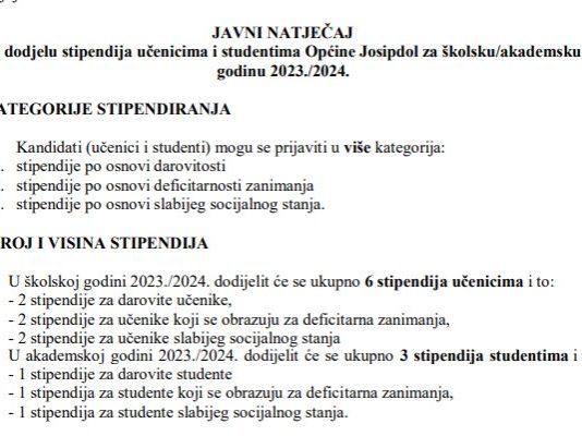 Općina Josipdol objavila javni natječaj za dodjelu stipendija učenicima i studentima za školsku/akademsku godinu 2023./2024.