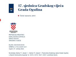 Danas 17. Sjednica Gradskog vijeća Grada Ogulina